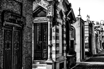 Buenos Aires, Argentina - December 21, 2022: Tombs and statues in La Recoleta Cemetery in Buenos Aires Argentina.