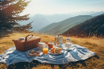 photo of picnic on the mountain view Generated AI