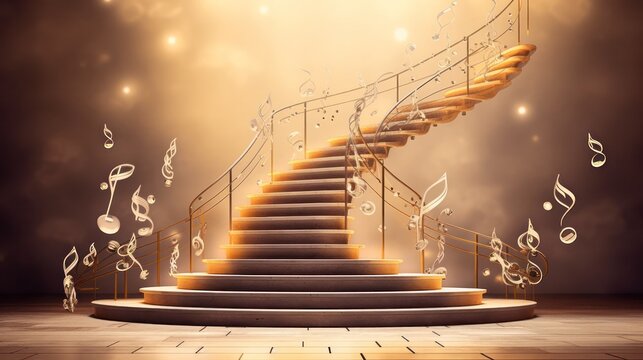 abstract background steps staircase going up with musical signs hovering in the air.the concept of creating music and melody. Generative AI