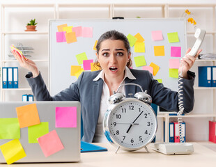 Young female employee in conflicting priorities concept