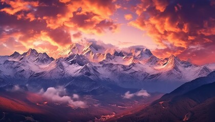 Fototapeta na wymiar mountain range at dusk with dramatic clouds. Generative ai