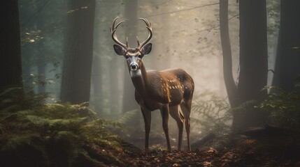 A buck in the foggy forest. Generative AI. 