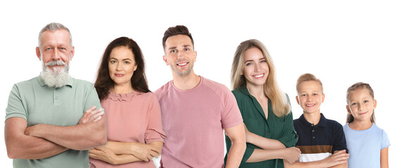 People of different ages on white background. Three generations of family