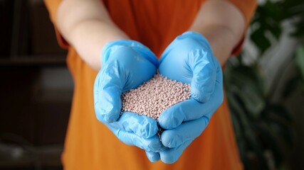 Mineral chemical fertilizers in the hands of a farmer. Growing plants