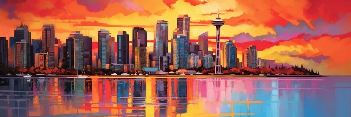Fototapete Aquarellmalerei Wolkenkratzer city at sunset digital artwork painting 
