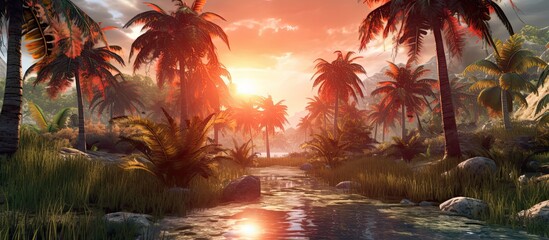Palm trees along a creek at the sunset on paradise island.