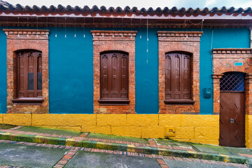 Colorful facade of a house in the La Candelaria district in Bogota, Colombia