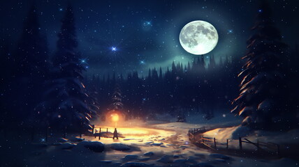  Christmas winter forest trees covered by snow ,starry sky and big moon fairy tale fantasy,generated ai