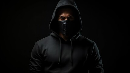 Fototapeta na wymiar Man in a black hooded sweatshirt with a mask on Dark background. Generative AI