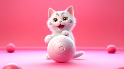 Fototapeta na wymiar Small white kitten plays with the ball on pink background. Generative AI