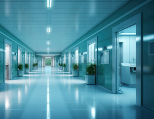 Naklejka premium Long hospital bright blue corridor with rooms and plants. Generative AI