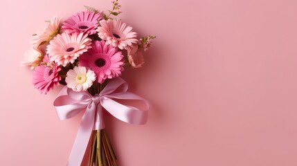 Bouquet of pink flower with a bow. Generative AI