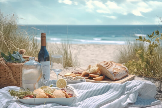 photo of picnic with beach view full of details Generated AI