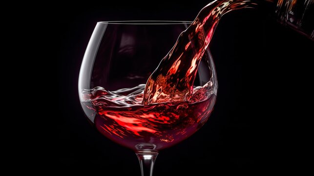 Red wine is poured into a glass on a black background. Generative AI