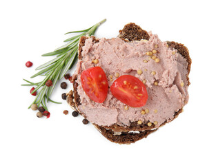 Delicious liverwurst sandwich and ingredients isolated on white, top view