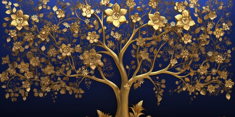 Blue wallpaper with golden tree abstraction for interior mural wall art decor. Ai Generative AI