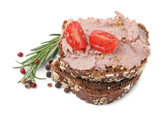 Delicious liverwurst sandwich and ingredients isolated on white