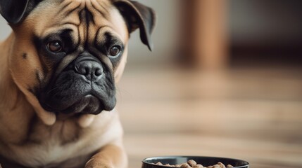 Cute dog eating at home. Adorable pet. Created with Generative AI technology.