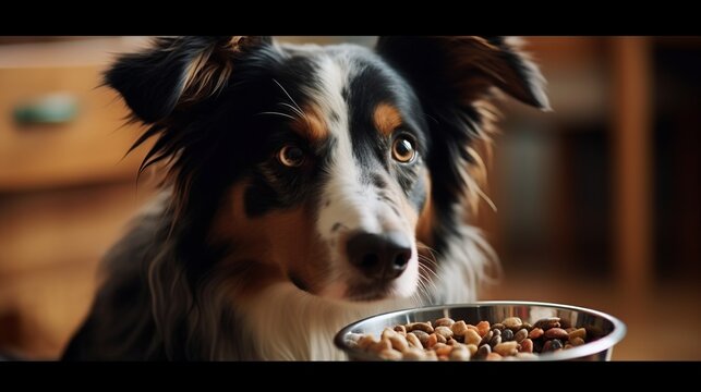 Cute dog eating at home. Adorable pet. Created with Generative AI technology.