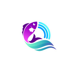 Fish and wave design combination, seafood logo template