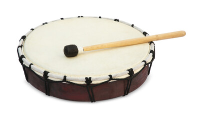 Fototapeta na wymiar Modern drum with drumstick isolated on white