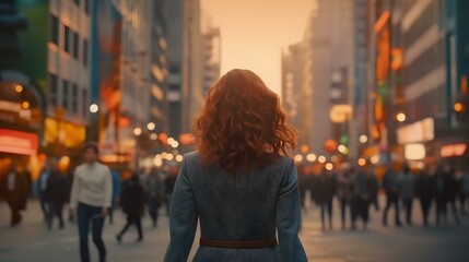 大都会を歩く、スーツ姿の、後ろ姿の、美しい女性の姿　