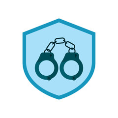 vector icon of a safety handcuffs with blue background in the shape of a shield