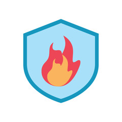 vector icon of a fire flame with a blue background in the shape of a shield