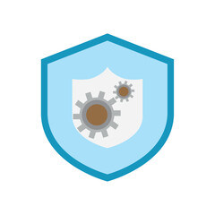vector icon of a shield with gears with a blue background in the shape of a shield
