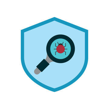 vector icon of a magnifying glass looking at a cucarron with blue background in the shape of a shield