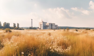 Fototapeta na wymiar Nuclear power plant with yellow spikelet field and blue clouds made with generative AI