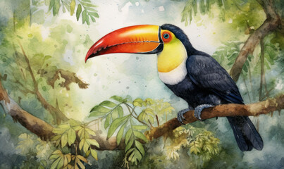 Toucan Watercolor Print, a Stunning Blend of Colors and Expressive Brushstrokes.  Generative AI.