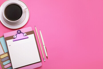 To do notes, stationery, planner and cup of coffee on pink background, flat lay. Space for text