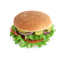 Delicious burger with beef patty and lettuce isolated on white