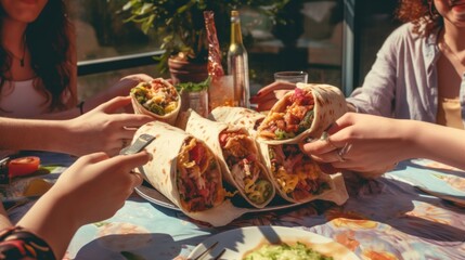 A group of people sitting at a table with food. Generative AI image.