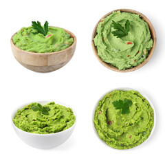 Collage of bowls with tasty guacamole on white background, top and side views