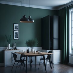 Minimalist modern kitchen made of wood and green walls, with black and white colors IA generativa
