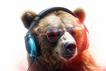 Cool Grizzly Bear listening to Music with Headphones and Sunglasses