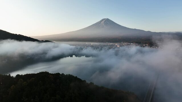 Aerial view around fog clouds, toward mount Fuji, sunny morning in Kawaguchi, Japan