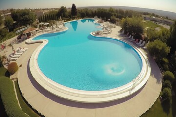 Fototapeta na wymiar beautiful swimming pool, empty, shot from drone overhead, fish eye lens, 32K UHD. Generative ai