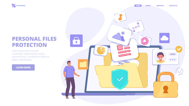 Personal files security, safe file storage, access to files in cloud, encrypted folder. Flat design concept with characters for landing page. Vector illustration for website, banner, landing page.
