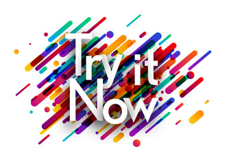 Try it now phrase with colorful brush strokes background. Design element. Vector illustration.