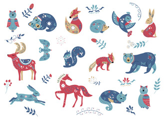 Animals with floral ornaments. Bear, horse and deer, cats and hares, foxes and squirrels, birds and owls. Northern folklore, Scandinavian style. Elements of folk art design. For print, fabric, prints