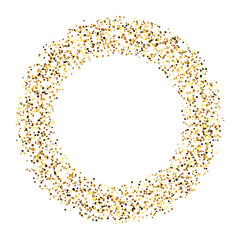 Golden confetti circle frame. Glowing dotted glitter background. Simple gold round dots form. Sparkling and shining halftone ring. Christmas decoration element. Vector illustration 
