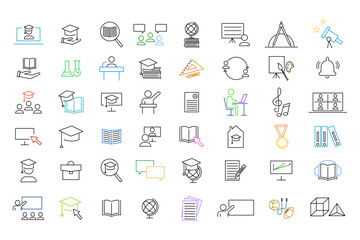 line icons set of discovery new things, adventure, science and chemistry, school measurement items, planet geography. Vector illustration. Stock image.