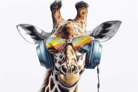 Cool Giraffe listening to music with Headphones and Sunglasses