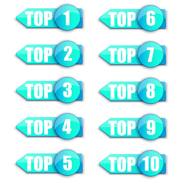 Top 1, 2, 3 ,0, 5, 6, 7, 8, 9, 10 word on blue ribbon arrow. Vector illustration. Stock picture.