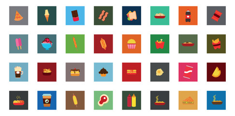 set of fast food icons with different color background