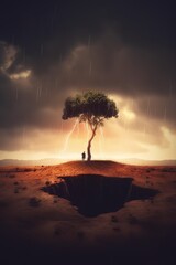 Dead big tree in a dry area the soil is cracked during and rain storm. AI Generative AI