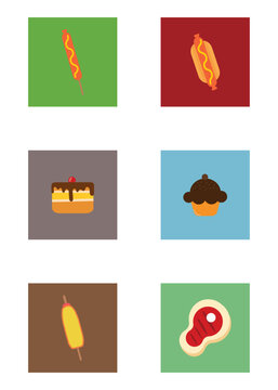 set of fast food icons with different color background